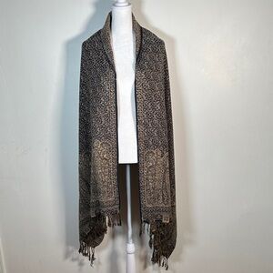 Pashmina Reversible Paisley Scarf Navy Blue & Beige Fringe And Small Sparkles